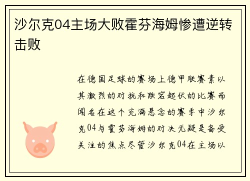 沙尔克04主场大败霍芬海姆惨遭逆转击败